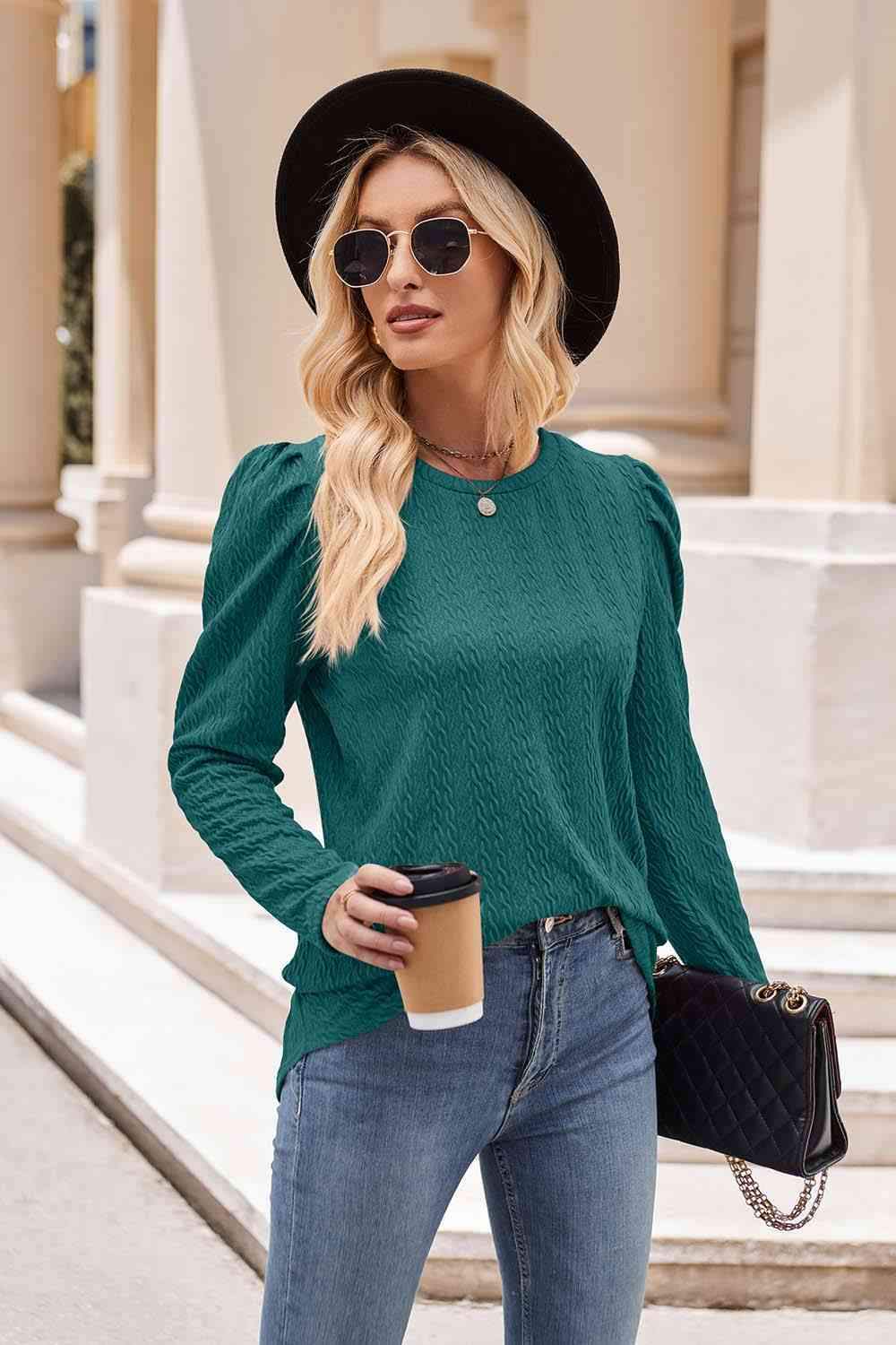 Round Neck Puff Sleeve Blouse Blouses - Tophatter Daily Deals