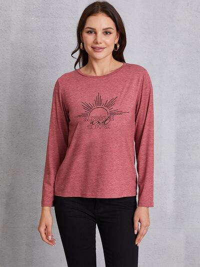 SUNSHINE COFFE Round Neck Long Sleeve T-Shirt Light Mauve Women's T-Shirts - Tophatter Daily Deals