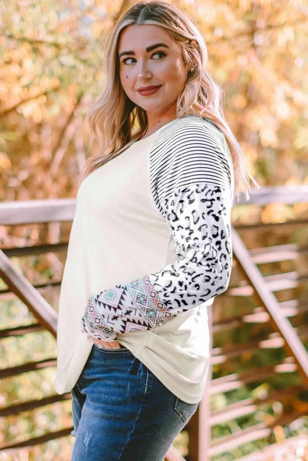 Plus Size Mixed Print Raglan Sleeve Round Neck Top Blouses - Tophatter Daily Deals