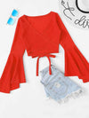 Tied Flare Sleeve Top Red Orange Blouses - Tophatter Daily Deals