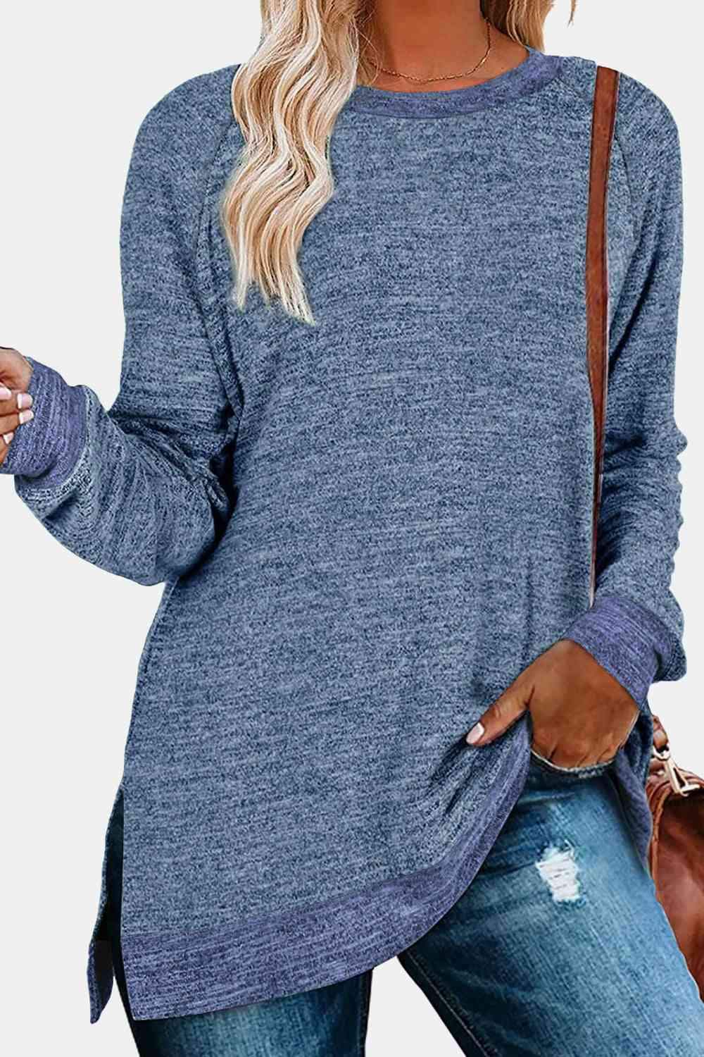 Round Neck Long Sleeve Slit T-Shirt Dusty Blue Women's T-Shirts - Tophatter Daily Deals