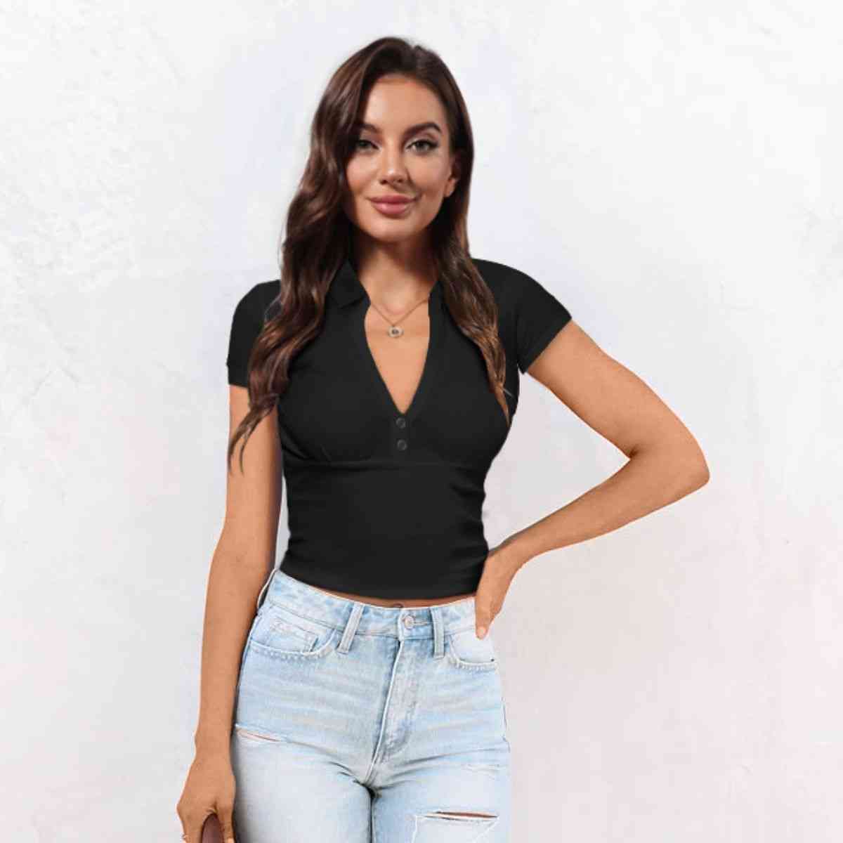 Buttoned Johnny Collar Short Sleeve Top Black Women's T-Shirts - Tophatter Daily Deals