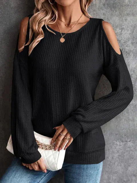 Round Neck Cold-Shoulder Waffle-Knit Top Black Blouses - Tophatter Daily Deals