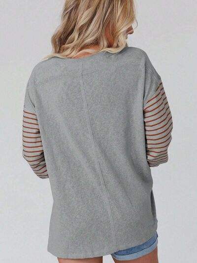 Round Neck Striped Long Sleeve Slit T-Shirt Women's T-Shirts - Tophatter Daily Deals