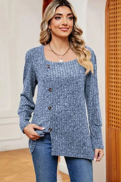 Decorative Button Square Neck T-Shirt Dusty Blue Women's T-Shirts - Tophatter Daily Deals