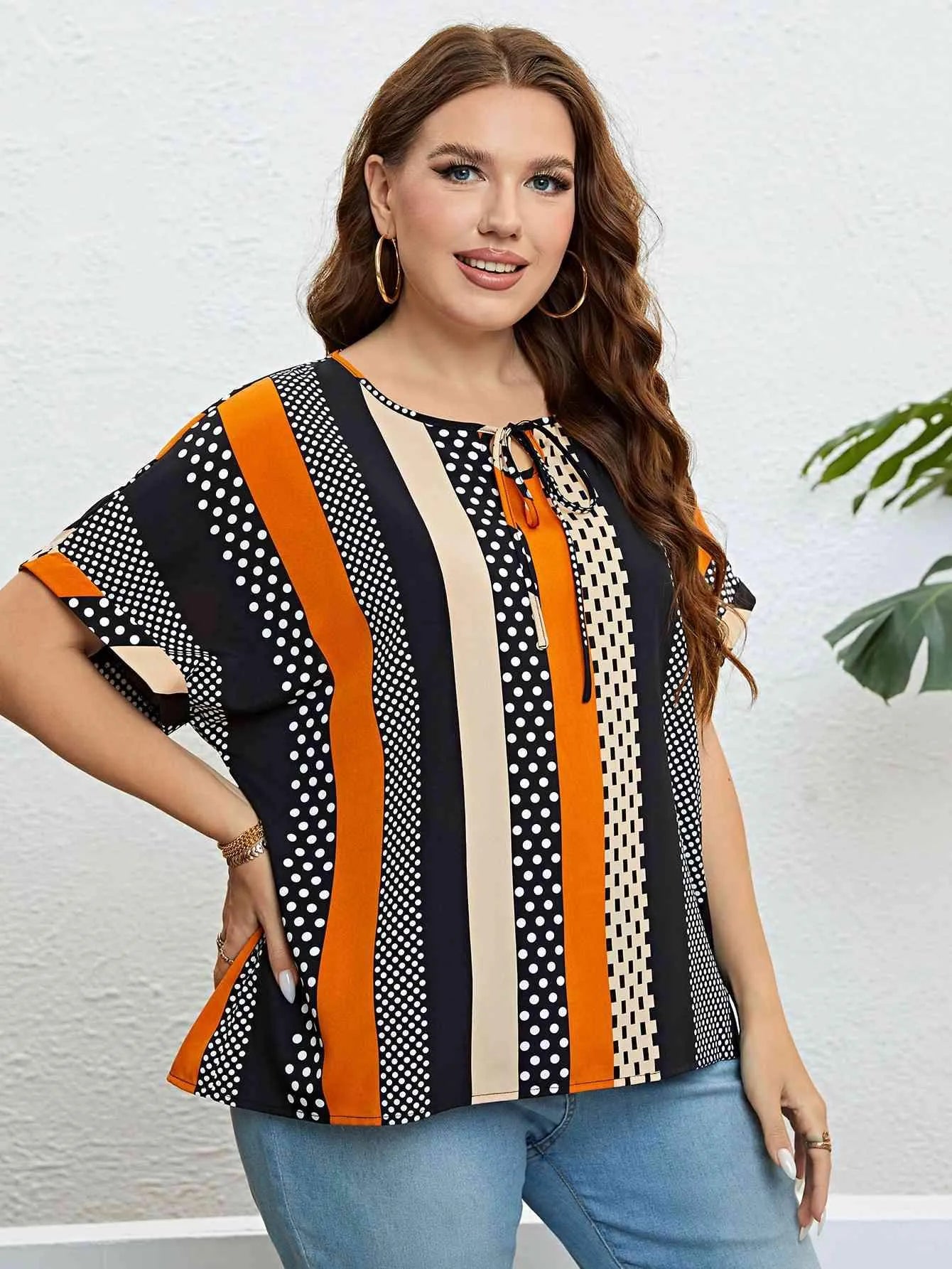 Striped Tie Neck Blouse Blouses - Tophatter Daily Deals