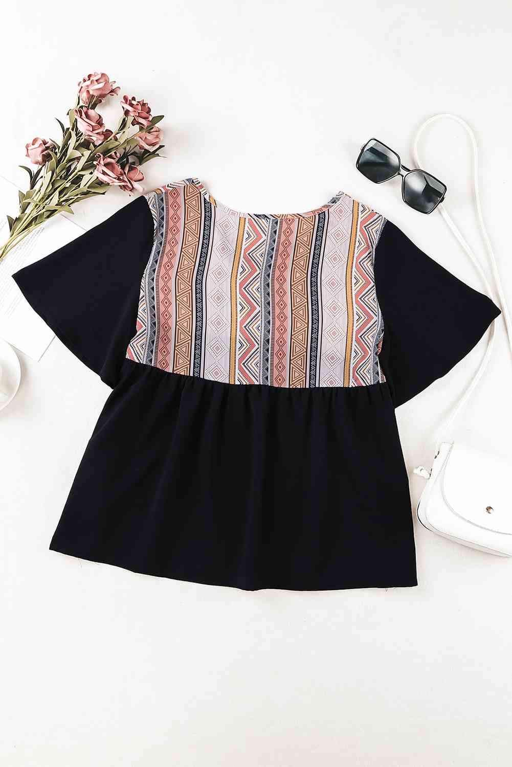 Geometric Print Color Block Tied Babydoll Blouse Blouses - Tophatter Daily Deals