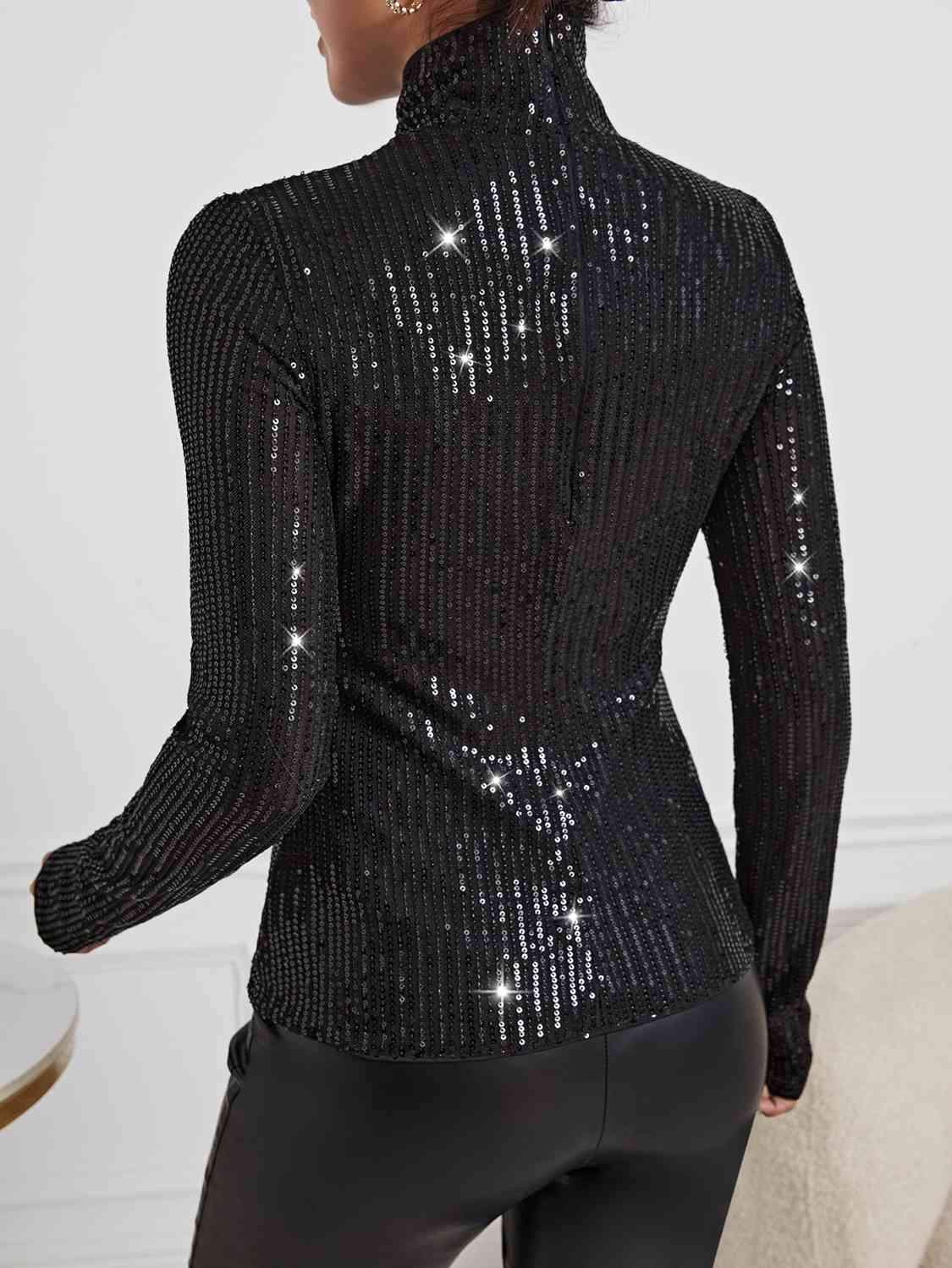 Sequin Turtleneck Long Sleeve Blouses Blouses - Tophatter Daily Deals