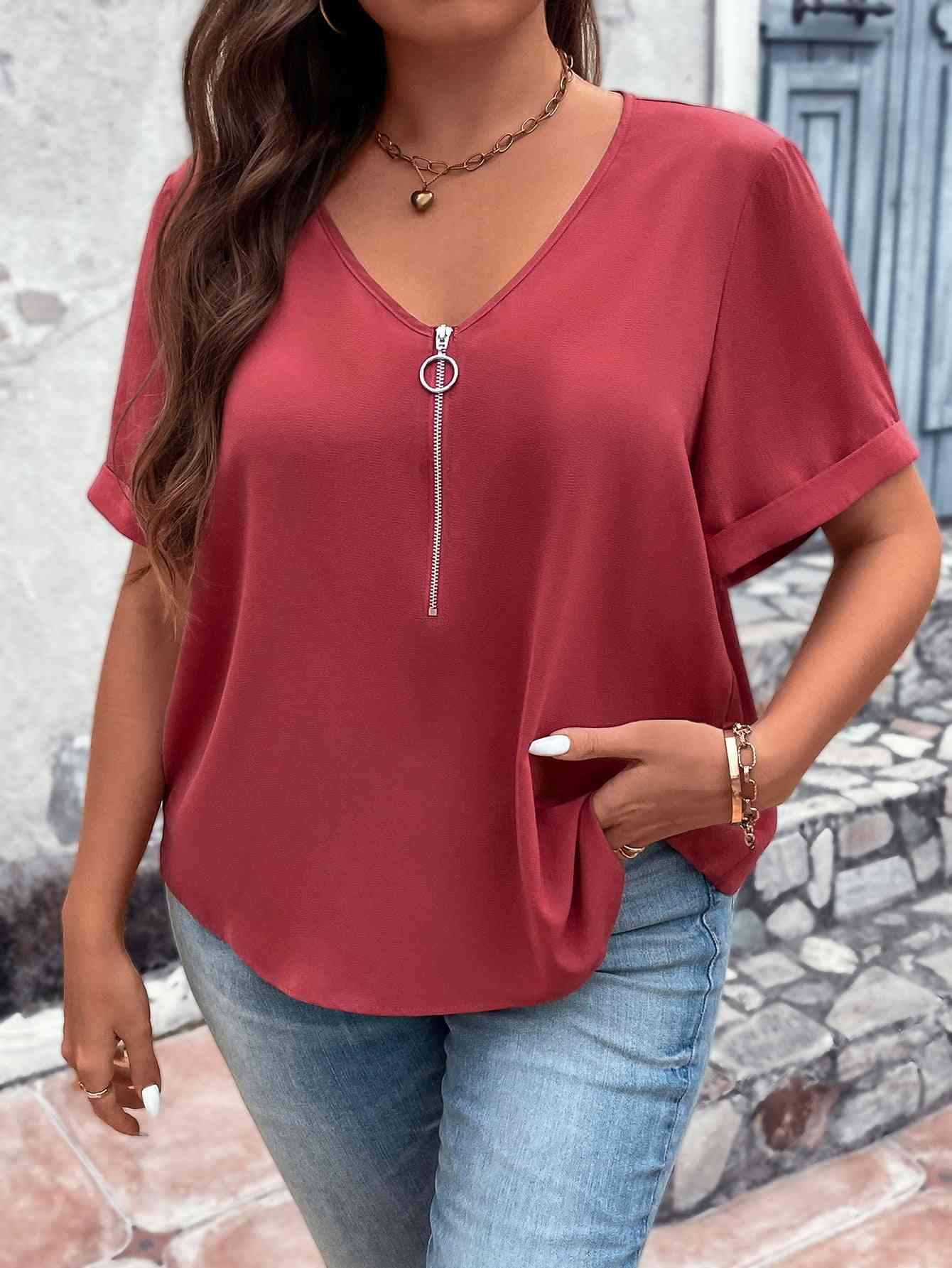 Plus Size V-Neck Short Sleeve Blouse with Zipper Strawberry Blouses - Tophatter Daily Deals