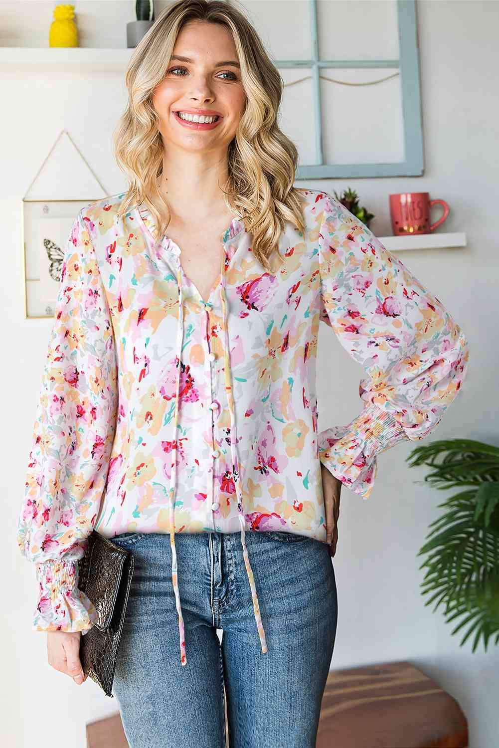 Floral Frill Trim Tie Neck Flounce Sleeve Blouse Pink Yellow White Blouses - Tophatter Daily Deals