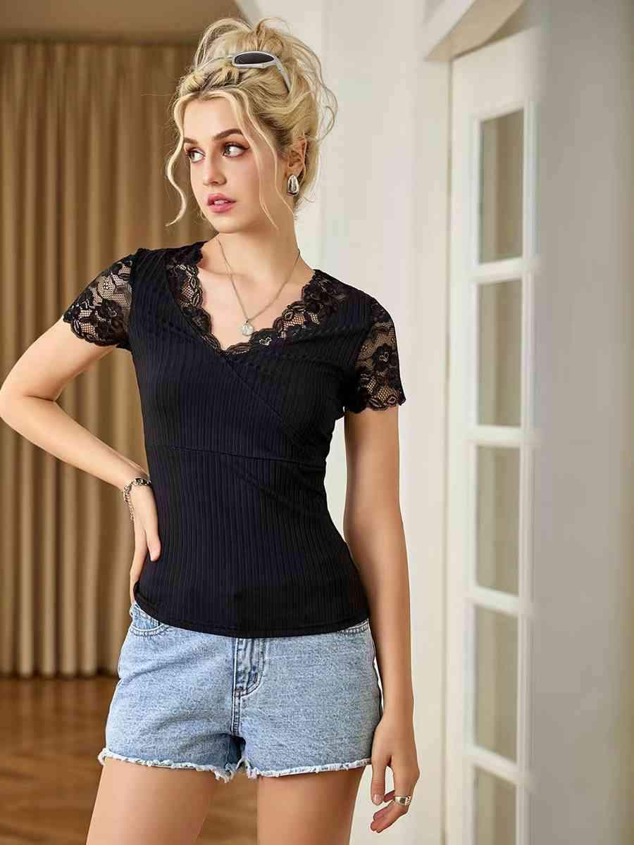 Spliced Lace Surplice Neck Top Black Blouses - Tophatter Daily Deals