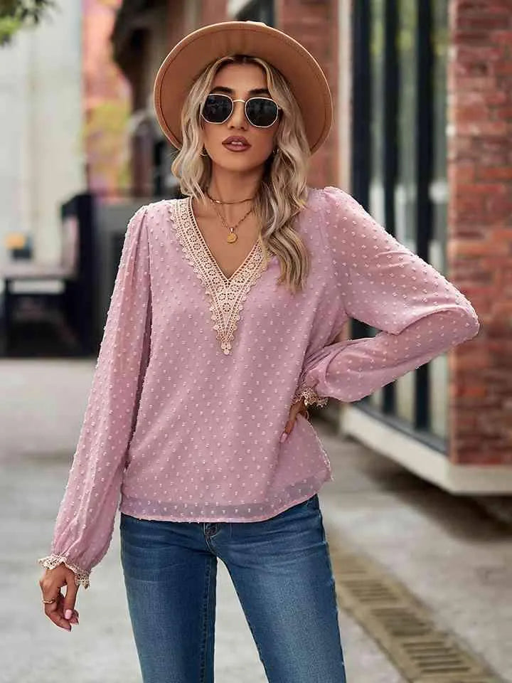 Swiss Dot V-Neck Long Sleeve Blouse Dusty Pink Blouses - Tophatter Daily Deals