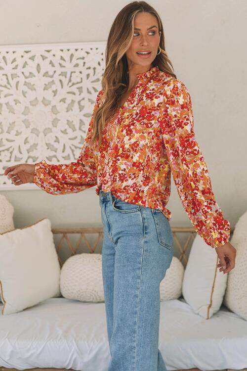 Floral Notched Balloon Sleeve Blouse Blouses - Tophatter Daily Deals