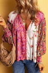 Multicolor Floral Notched Neck Lantern Sleeve Blouse Blouses - Tophatter Daily Deals