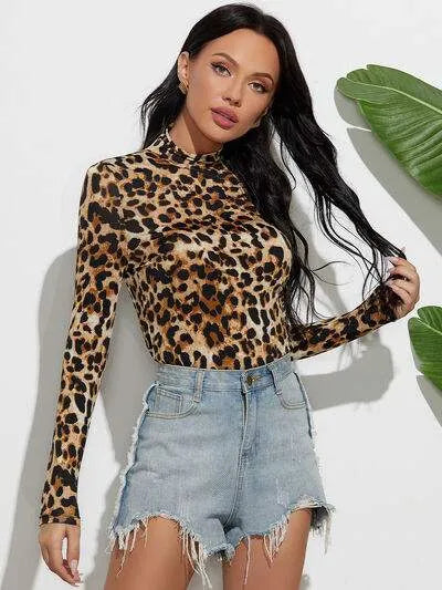 Leopard Mock Neck Long Sleeve T-Shirt Women's T-Shirts - Tophatter Daily Deals