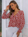 Printed V-Neck Flounce Sleeve Blouse Deep Red Blouses - Tophatter Daily Deals