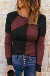 Color Block Round Neck Long Sleeve T-Shirt Wine Women's T-Shirts - Tophatter Daily Deals