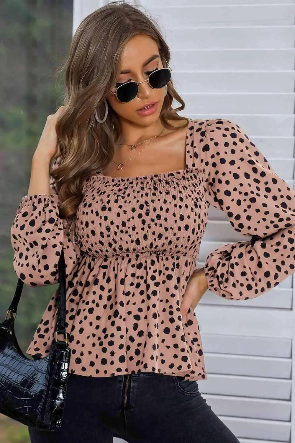 Square Neck Long Sleeve Smocked Blouse Blouses - Tophatter Daily Deals