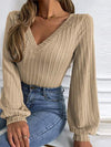 Ribbed V-Neck Lantern Sleeve Top Blouses - Tophatter Daily Deals