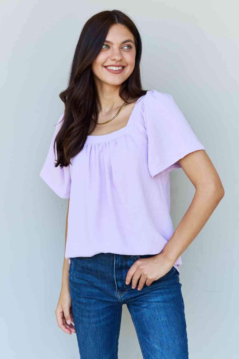 Ninexis Keep Me Close Square Neck Short Sleeve Blouse in Lavender Lavender Blouses - Tophatter Daily Deals