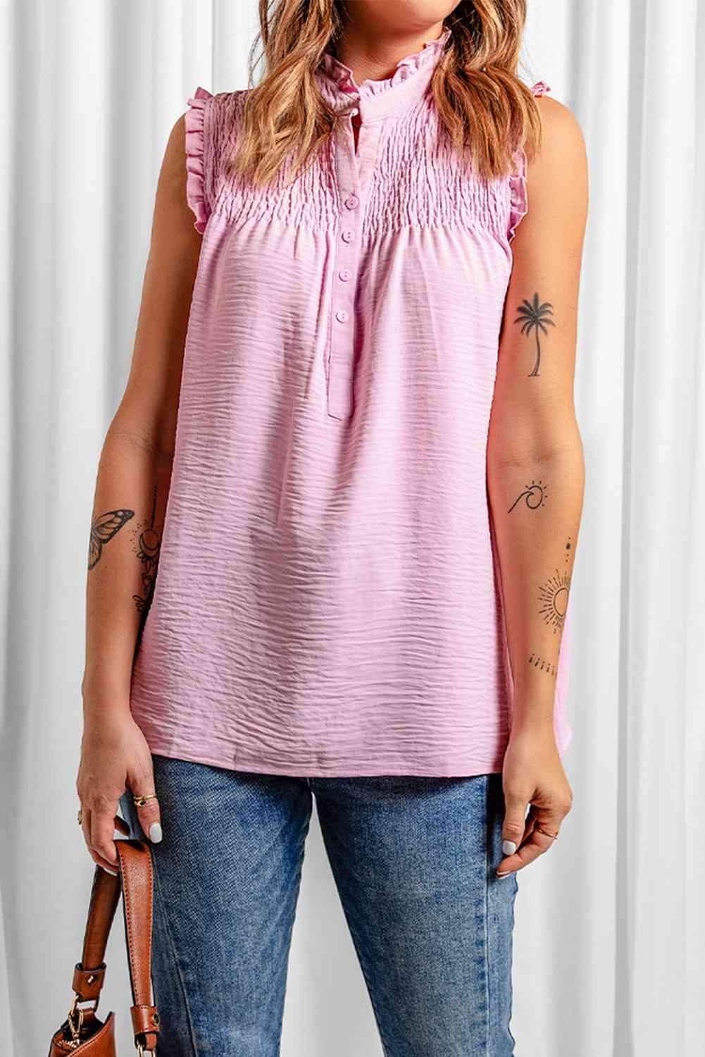 Buttoned Frill Trim Smocked Sleeveless Blouse Blouses - Tophatter Daily Deals