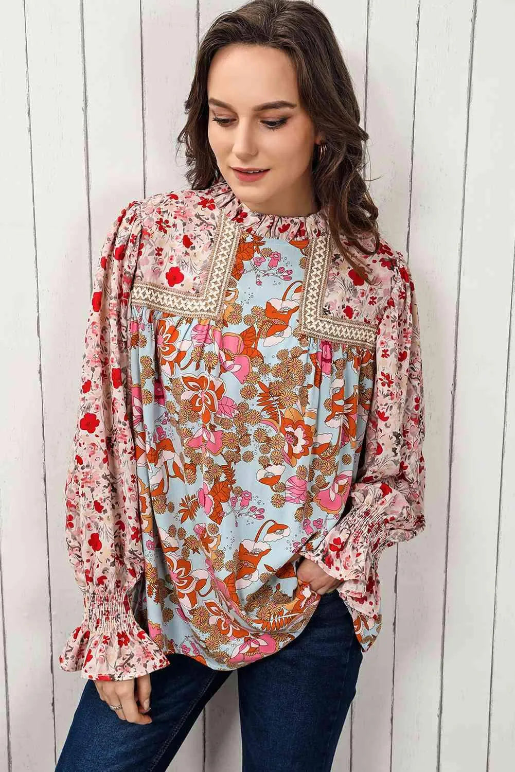 Floral Print Flounce Sleeve Mock Neck Blouse Blouses - Tophatter Daily Deals