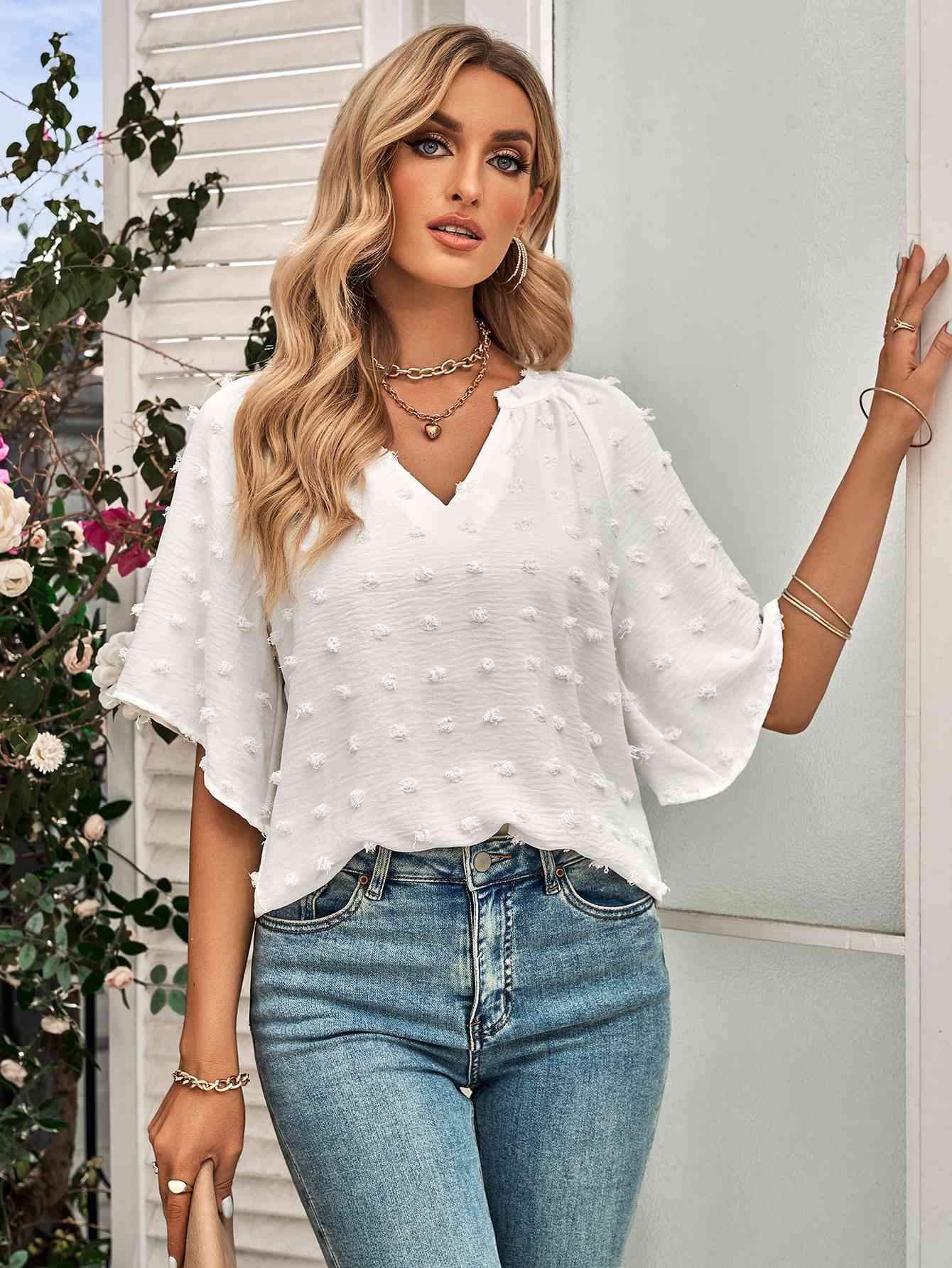 Swiss Dot Notched Neck Flare Sleeve Blouse Blouses - Tophatter Daily Deals