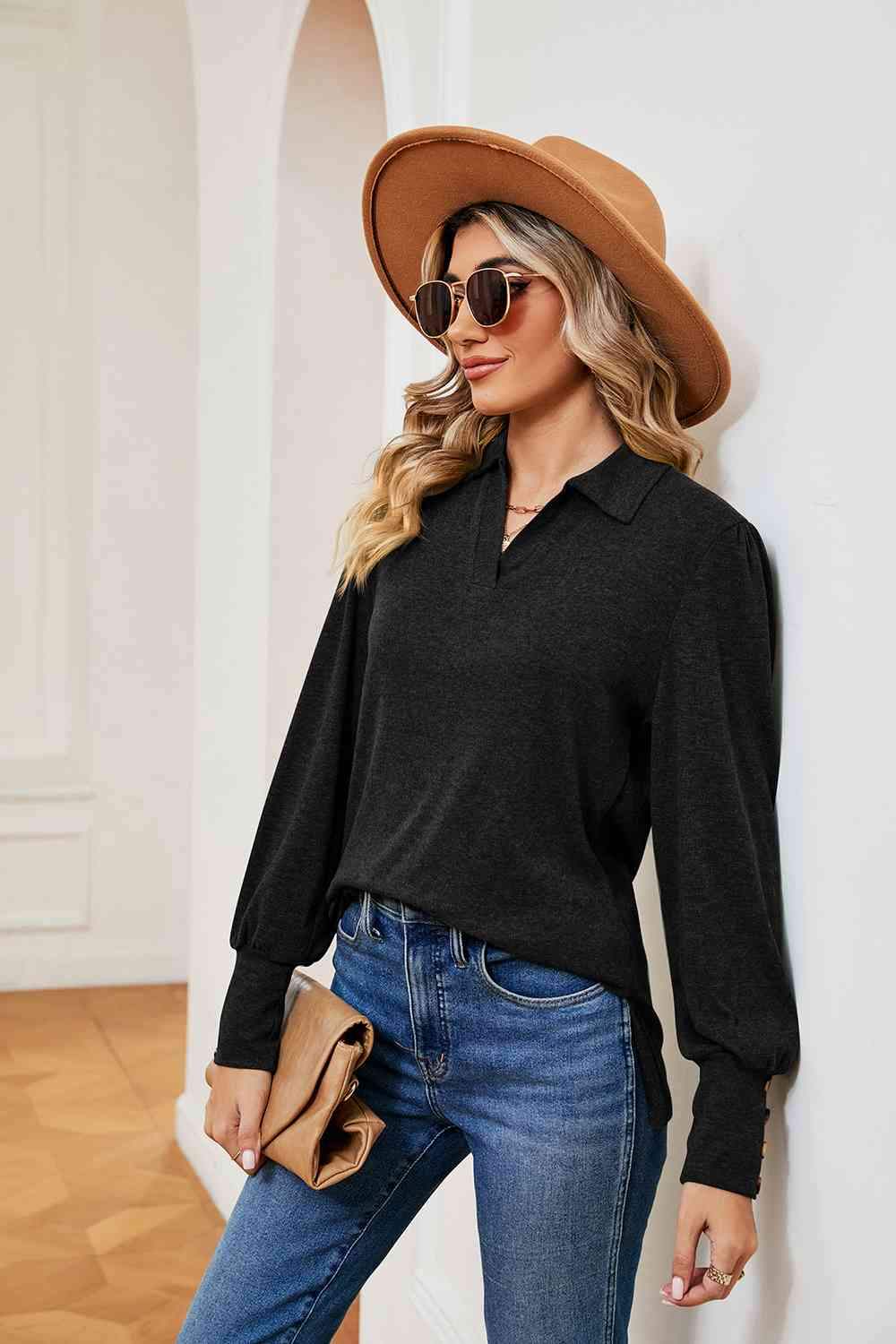 Johnny Collar Long Sleeve Top Blouses - Tophatter Daily Deals