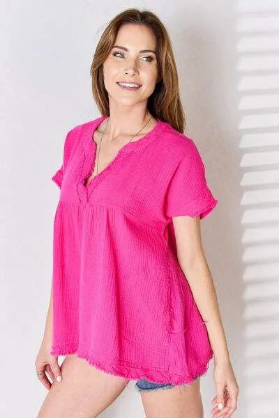 Zenana Full Size Raw Hem Short Sleeve Top Blouses - Tophatter Daily Deals