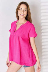 Zenana Full Size Raw Hem Short Sleeve Top Blouses - Tophatter Daily Deals