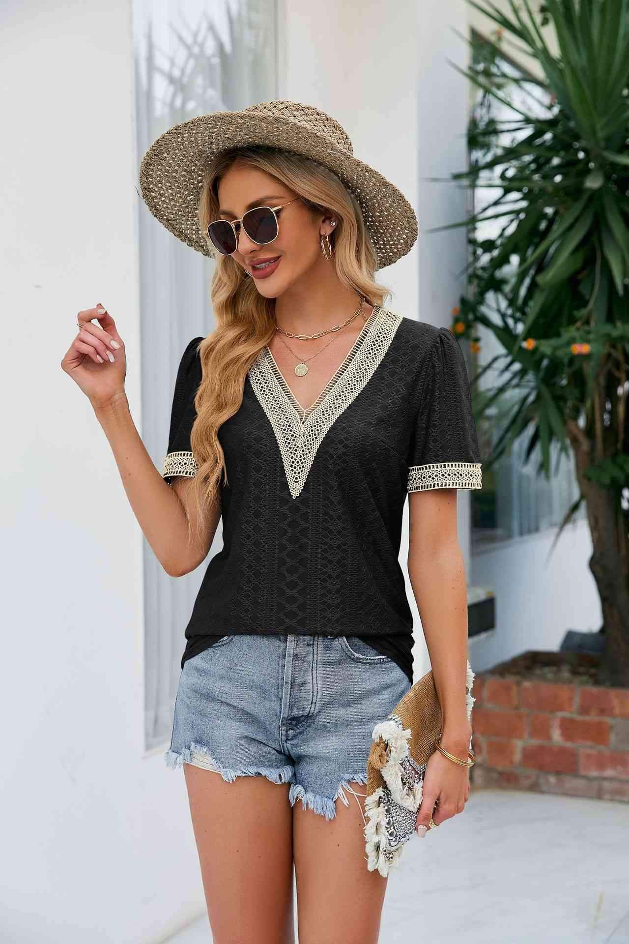 Contrast V-Neck Puff Sleeve Top Blouses - Tophatter Daily Deals