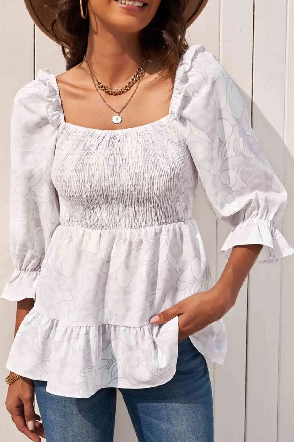 Floral Smocked Ruffled Babydoll Top White Blouses - Tophatter Daily Deals