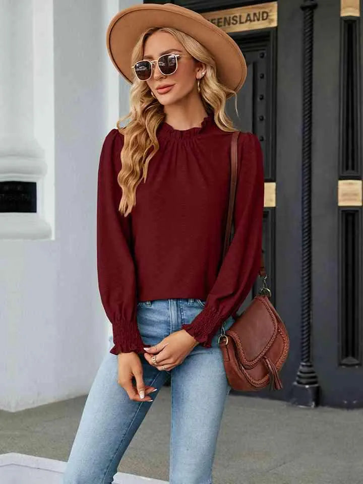 Round Neck Flounce Sleeve Blouse Blouses - Tophatter Daily Deals
