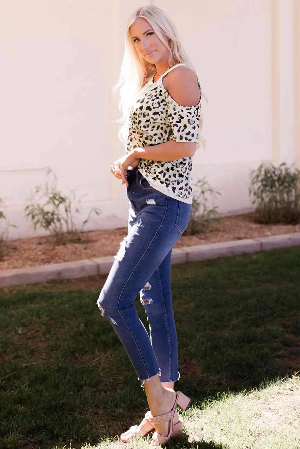Two-Tone Animal Print Cutout Tee Women's T-Shirts - Tophatter Daily Deals