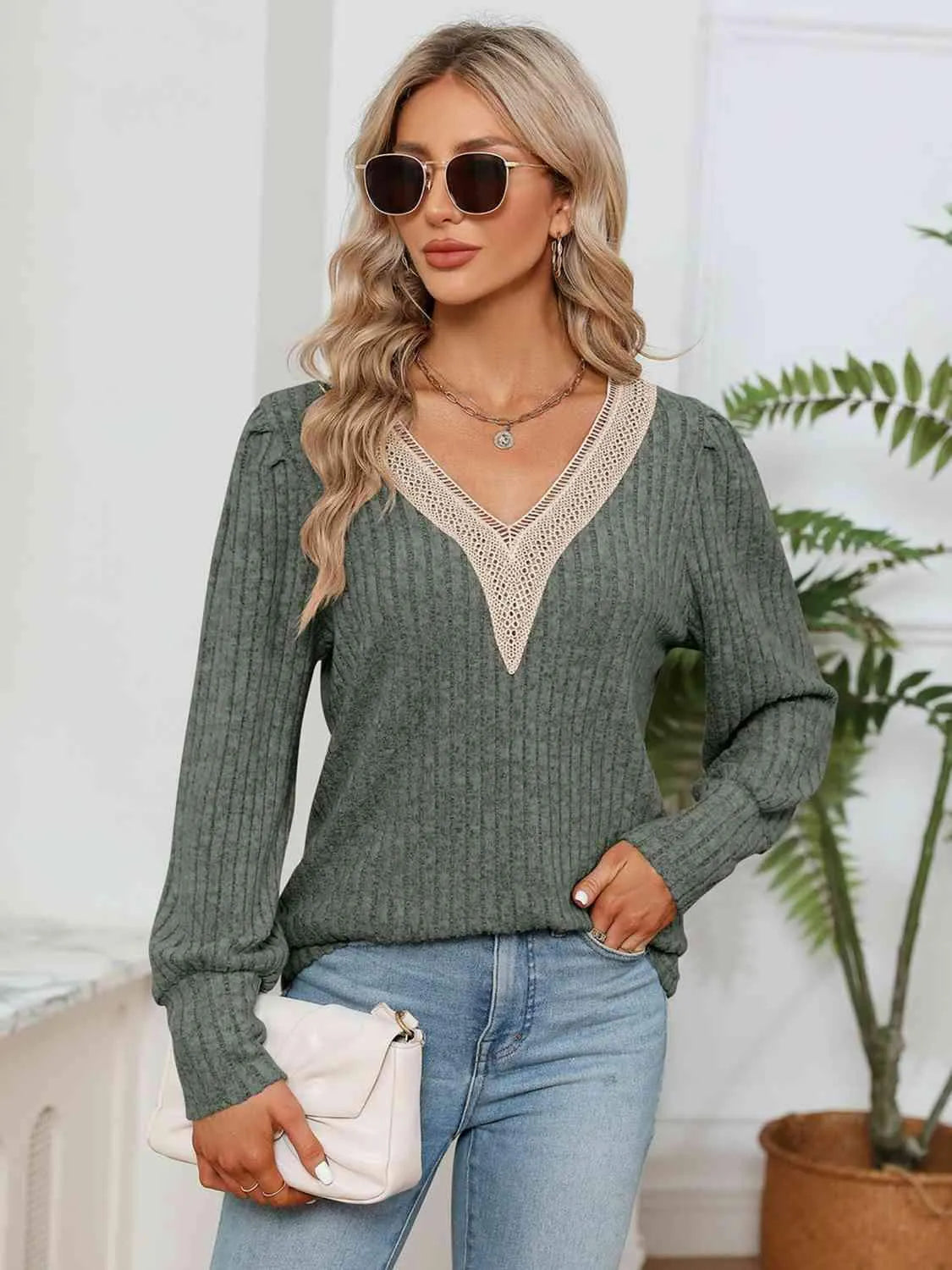 Lace Detail V-Neck Ribbed Blouse Moss Blouses - Tophatter Daily Deals