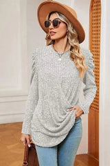 Round Neck Puff Sleeve T-Shirt Light Gray Women's T-Shirts - Tophatter Daily Deals