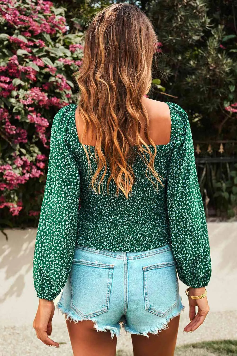 Floral Smocked Balloon Sleeve Top Blouses - Tophatter Daily Deals