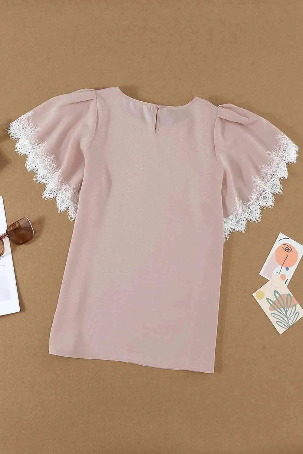 Lace Trim Flutter Sleeve Blouse Blouses - Tophatter Daily Deals