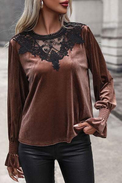 Lace Detail Round Neck Smocked Flounce Sleeve Blouse Blouses - Tophatter Daily Deals