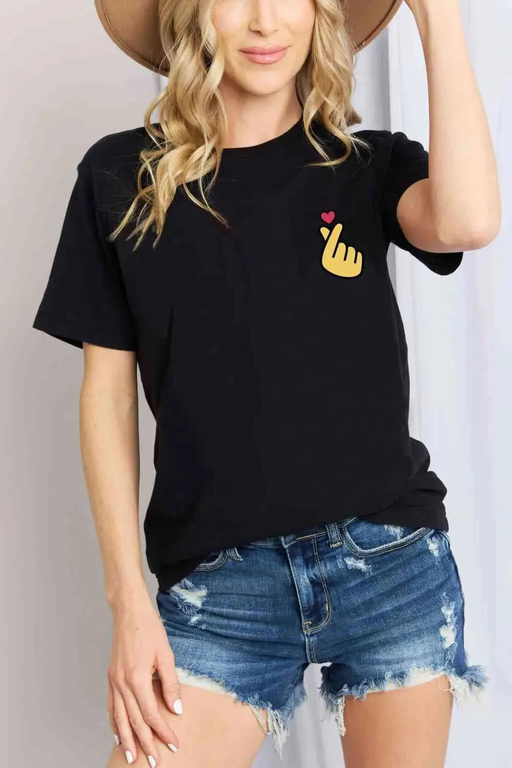 Simply Love Finger Heart Emoji Graphic Cotton T-Shirt Black Women's T-Shirts - Tophatter Daily Deals