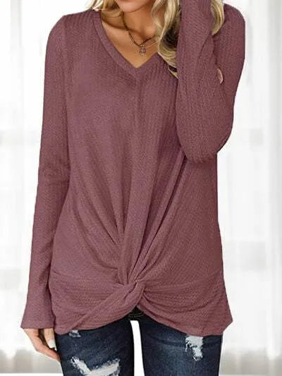 Twisted V-Neck Long Sleeve T-Shirt Magenta Women's T-Shirts - Tophatter Daily Deals