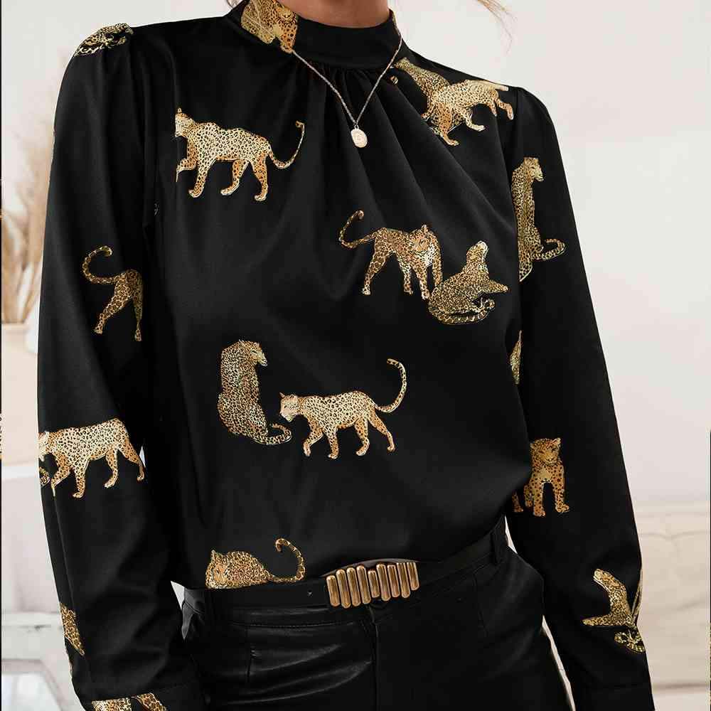 Leopard Graphic Mock Neck Puff Sleeve Blouse Blouses - Tophatter Daily Deals