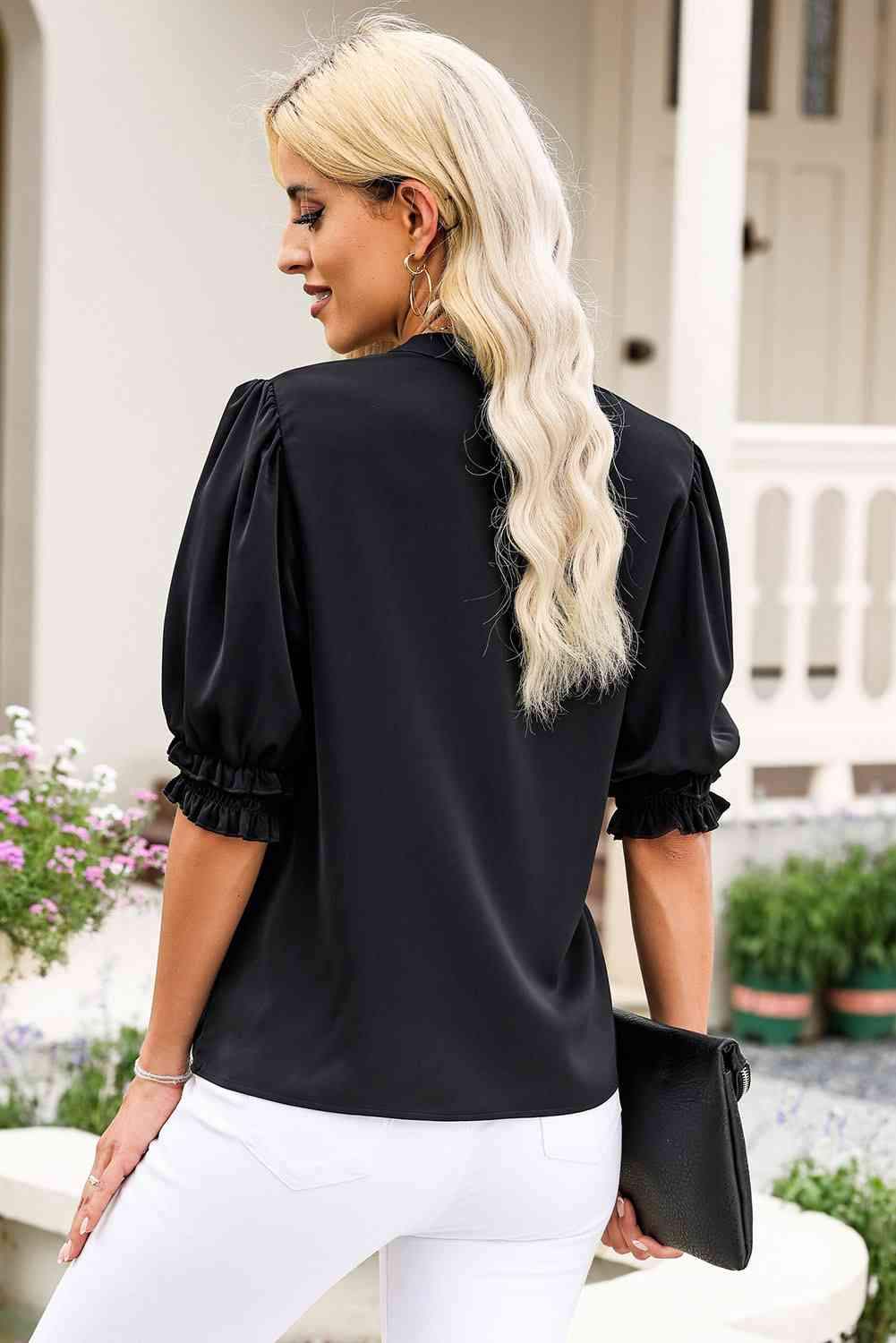 Notched Neck Puff Sleeve Blouse Blouses - Tophatter Daily Deals