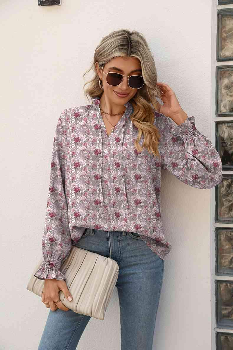 Printed Tie Neck Flounce Sleeve Blouse Lilac Blouses - Tophatter Daily Deals