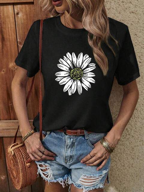 Sunflower Graphic Round Neck T-Shirt Women's T-Shirts - Tophatter Daily Deals