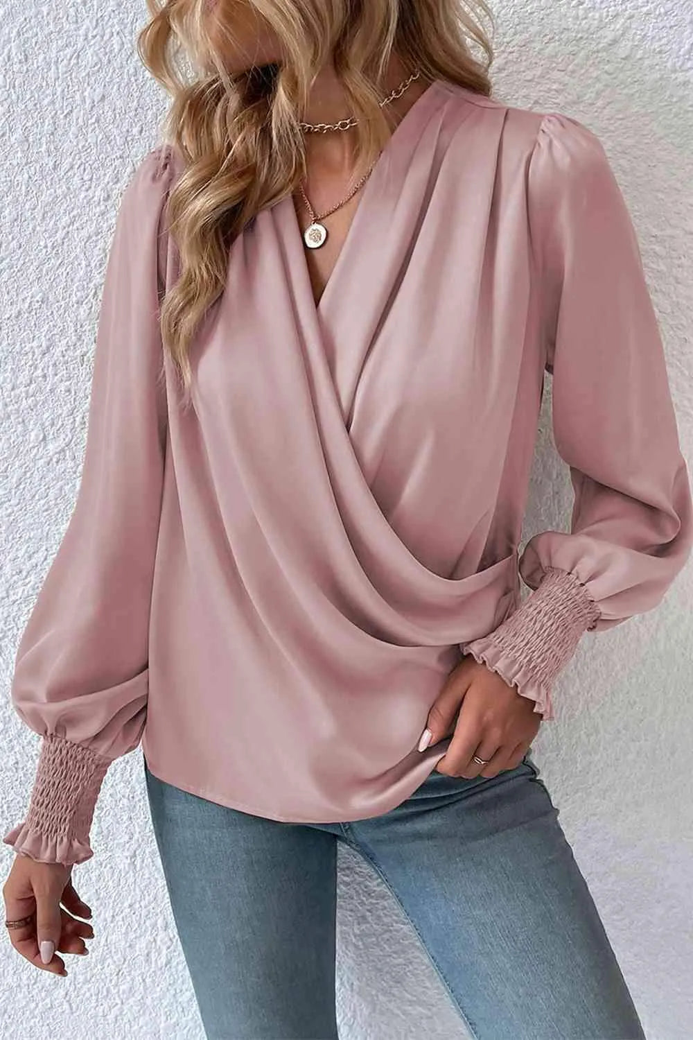 Surplice Neck Lantern Sleeve Blouse Blouses - Tophatter Daily Deals