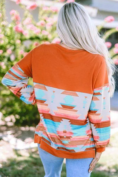 Geometric Round Neck Long Sleeve T-Shirt Women's T-Shirts - Tophatter Daily Deals