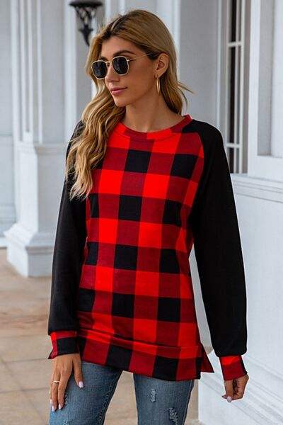 Plaid Round Neck Long Sleeve T-Shirt Scarlet Women's T-Shirts - Tophatter Daily Deals