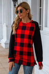 Plaid Round Neck Long Sleeve T-Shirt Scarlet Women's T-Shirts - Tophatter Daily Deals