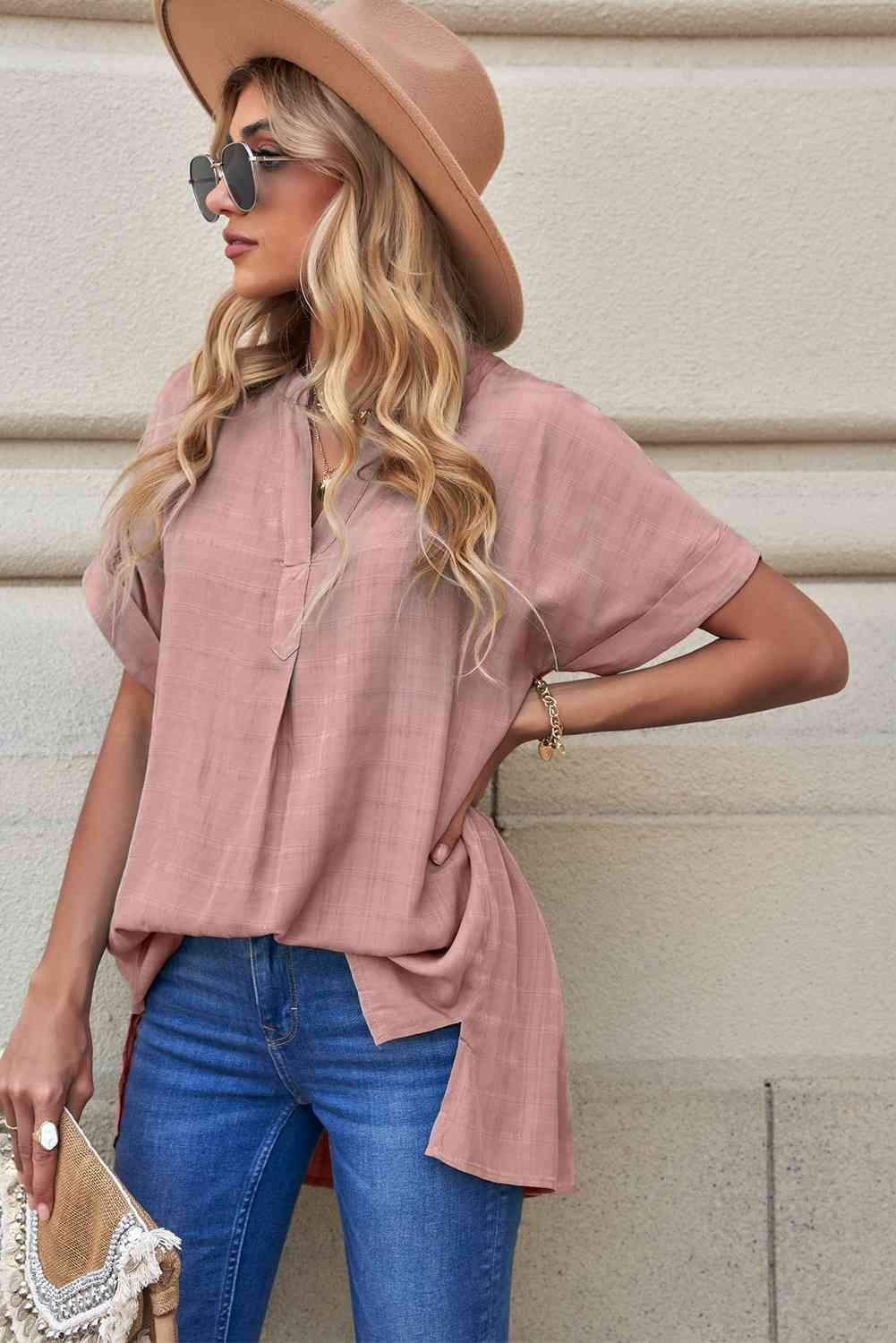 Notched Side Slit Cuffed Blouse Blouses - Tophatter Daily Deals